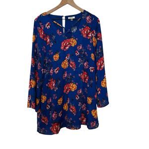 AUW Royal Blue Floral Low Cut Criss Cross Neck Long Sleeve Spring Midi Dress S